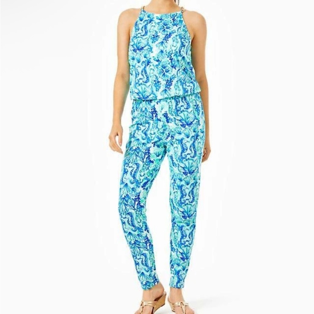 Lilly Pulitzer Sea Glass Aqua Seeing Double Keeran Jumpsuit size XS